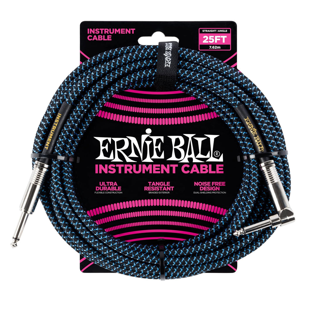 Ernie Ball Instrumentenkabel geflochten, gerade/gewinkelt, 7,62 m, Schwarz/Blau Neon-blau/schwarz 7,