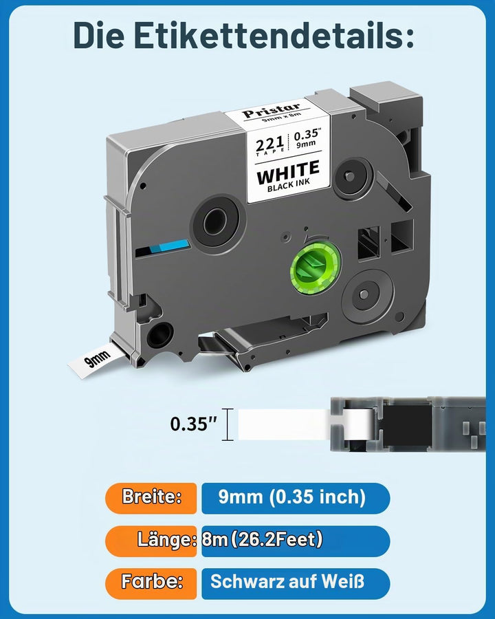 Pristar Kompatibel 9mm Schriftband als Ersatz für Brother TZe-221 TZe221 TZ-221 TZe für PT-H100LB PT