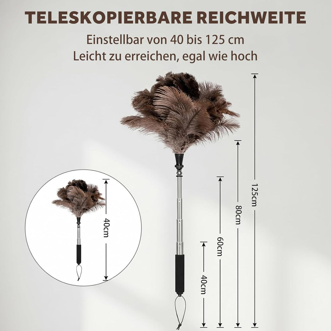Teleskop Staubwedel aus Straussenfedern, ausziehbar bis 125 cm, waschbar, mit 180 Grad Knickkopf, fü