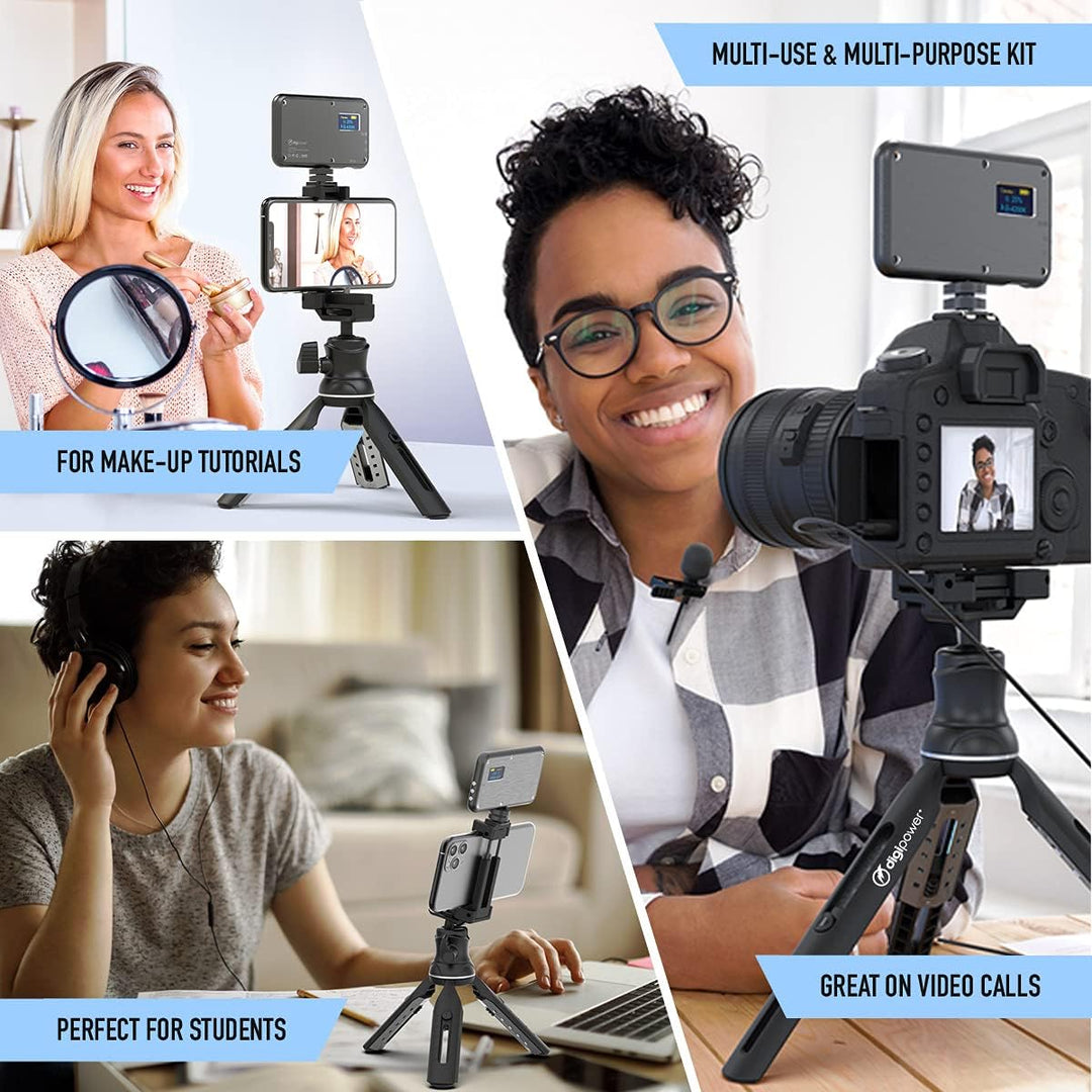 DigiPower Vlogging Kit Instructor mit LED Videoleuchte, Clip-on Lavalier Mikrofon, Handy + Kamera Ha