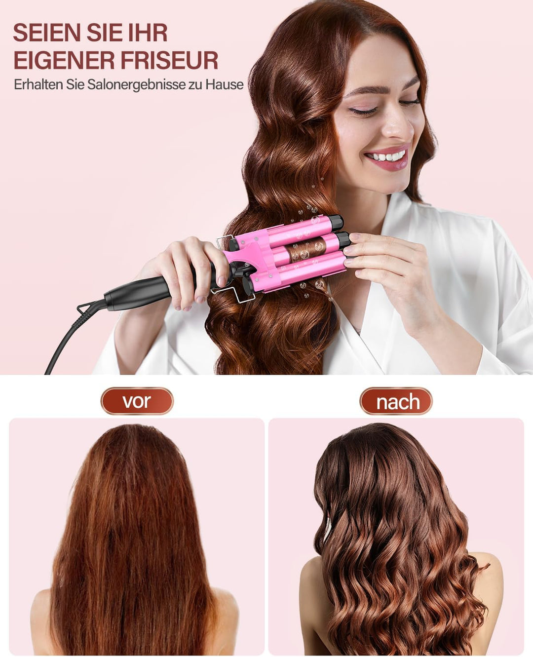 Lockenstab 3 Fässer Beach Waves Welleneisen für Haare, 25mm Kleine Locken Keramik Lockeneisen-Temper