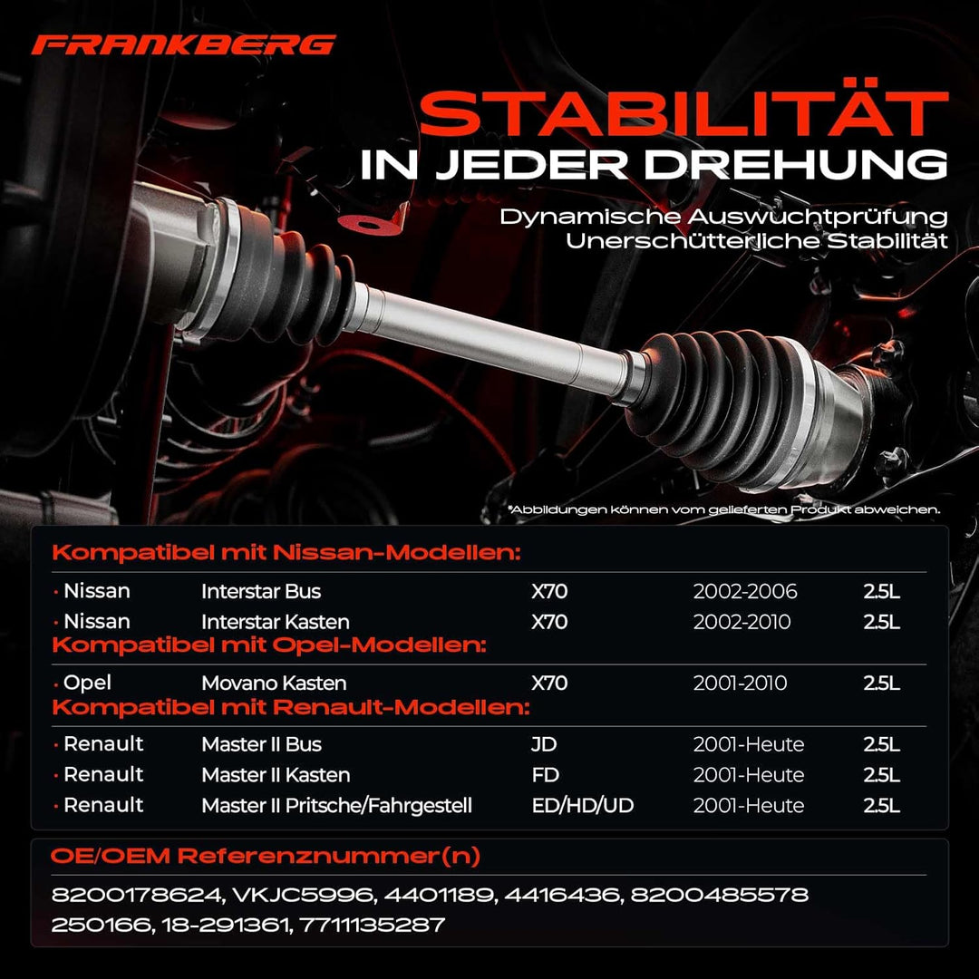 Frankberg Antriebswelle Vorne Links Kompatibel mit Master II JD FD 2.2L 2.5L 2001-Heute Movano J9 F9