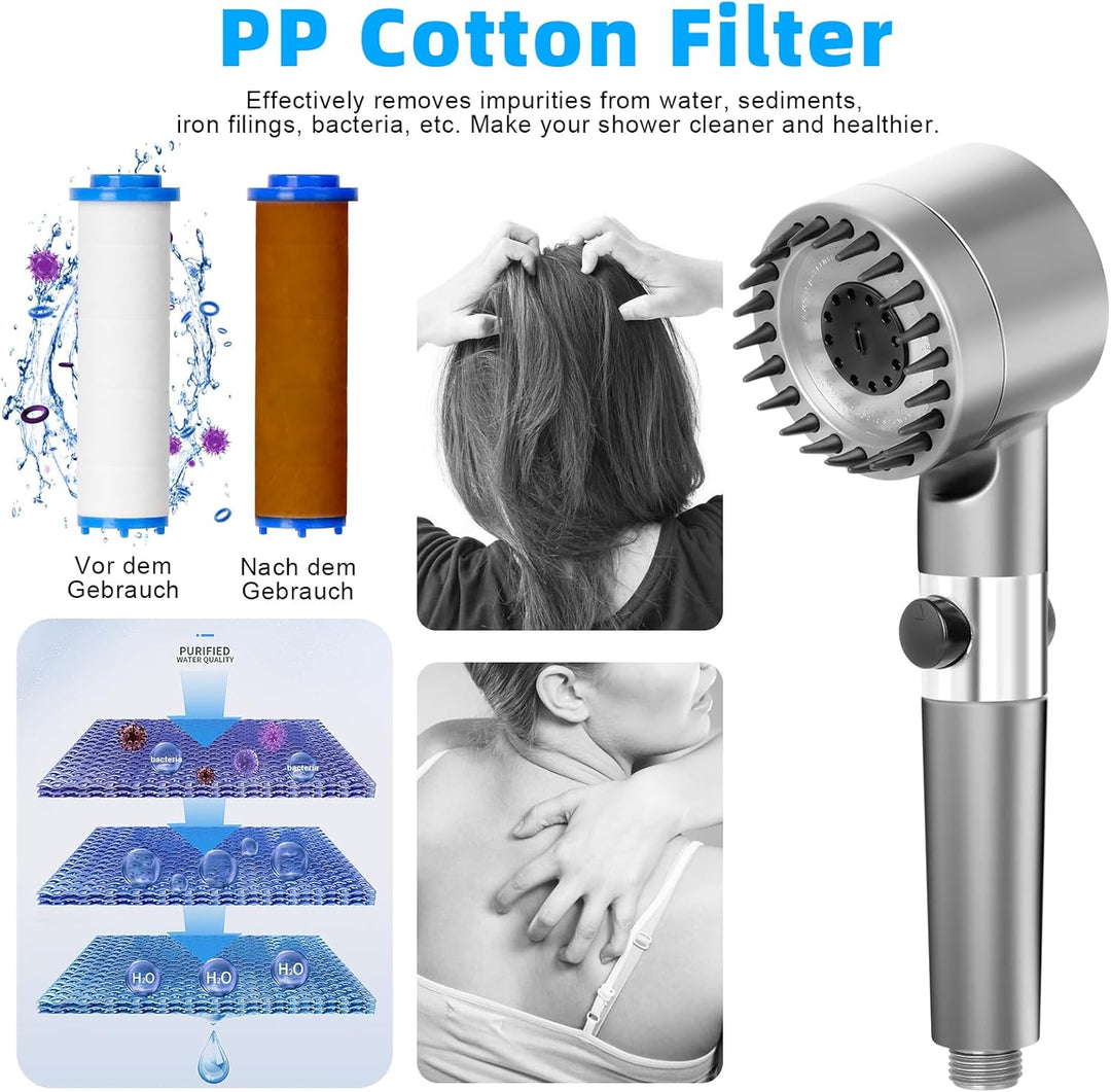 Duschkopf mit Filter, Hochdruck Handbrause mit 2 M Schlauch, Brausekopf Dusche, 4 Strahlarten, Dusch