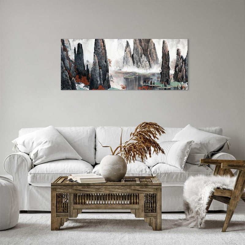 Panorama Bilder auf Leinwand 100x40cm Leinwandbild Berge Märchen Nebel Gross Wanddeko Bild Schlafzim