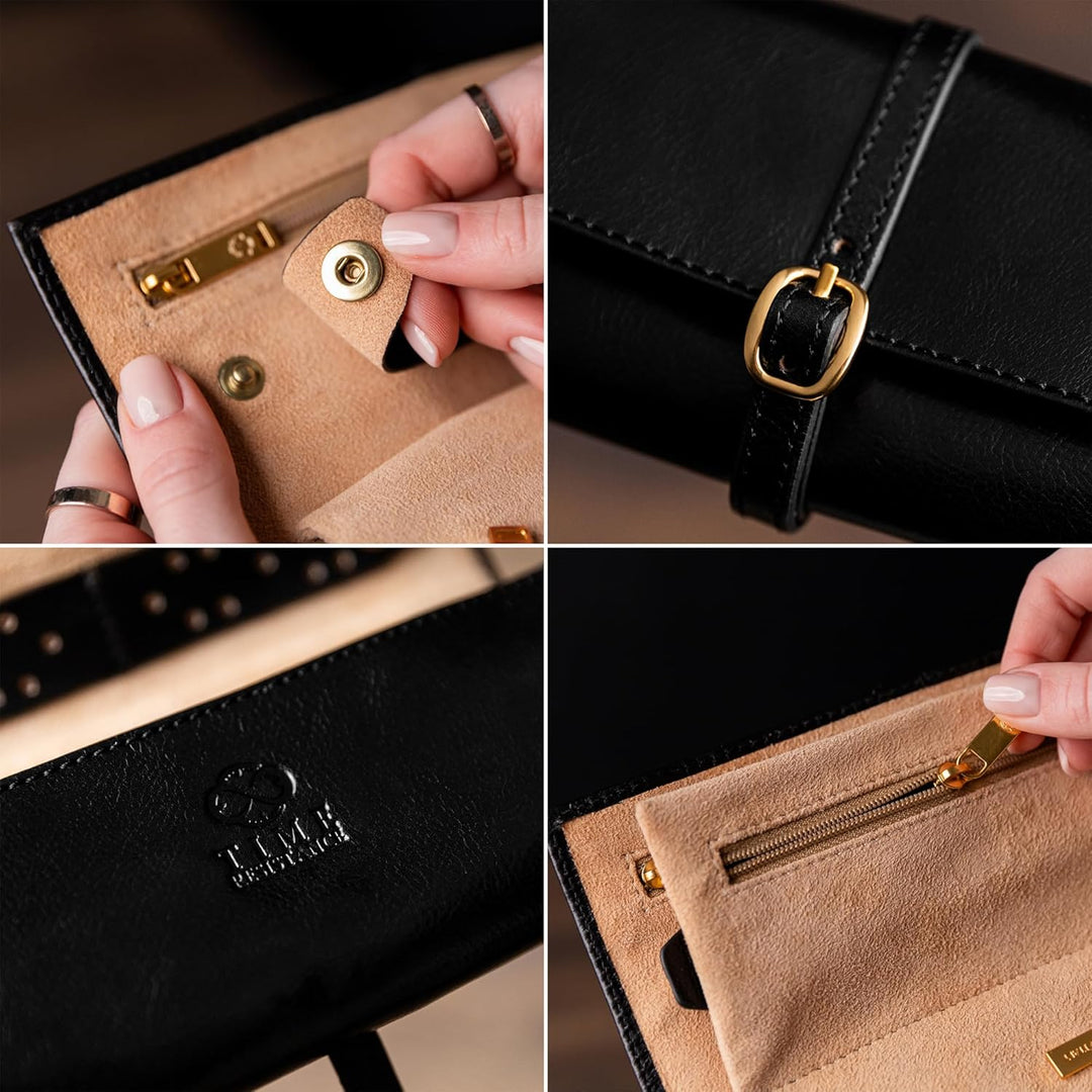 Time Resistance Schwarz Leder Schmuck Organizer – 100% Leder Schmuckrolle für Reisen Hergestellt in