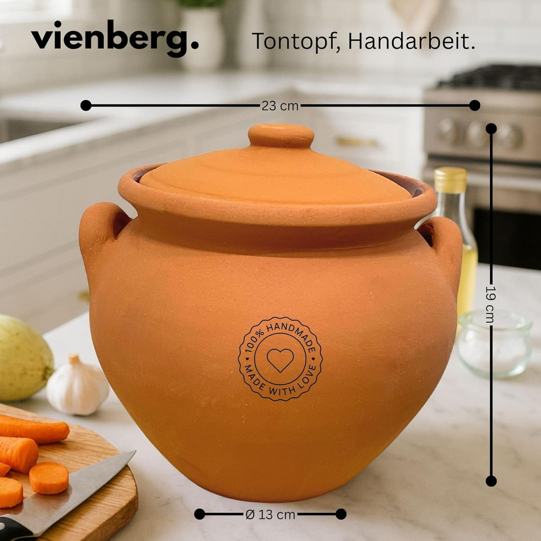 Vienberg Handgefertigter Tontopf – Ø 23 cm, innen glasiert, aussen unbehandelt – Ideal zum Kochen &