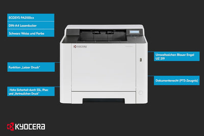 Kyocera Klimaschutz-System Ecosys PA2100cx Laserdrucker. Farblaserdrucker für 21 Seiten pro Minute.