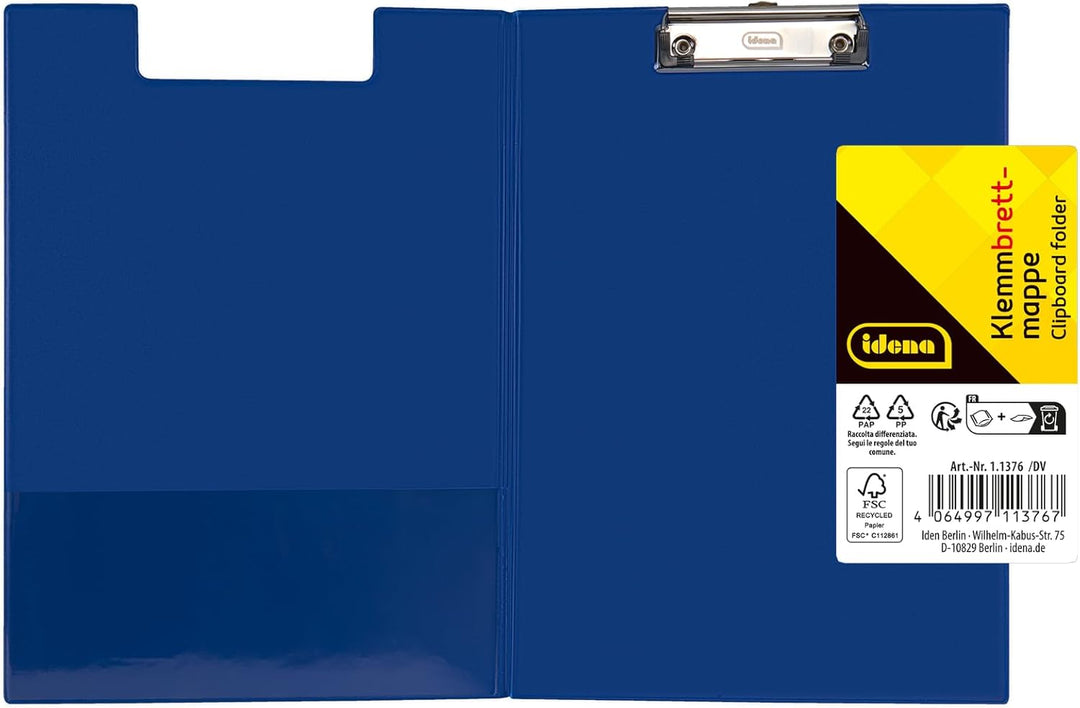 Idena 90295 - Klemmbrettmappe für DIN A4, 12 Stück, Hochformat, PVC beschichtetes Clipboard in Blau,