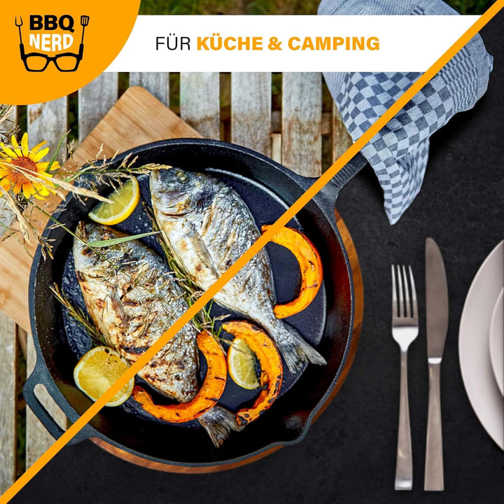 BBQ Nerd Grillpfanne Ø 25 cm 2600g mit Ausgiesser und Griff - Gusseisenpfanne zum Grillen, Rösten, A