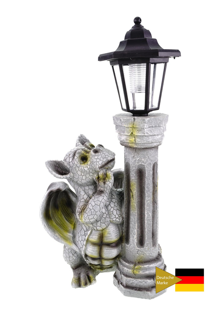 Kremers Schatzkiste Drachenkind mit Solar Laterne Drache Figur Gargoyle Gartenfigur mit Solarlaterne