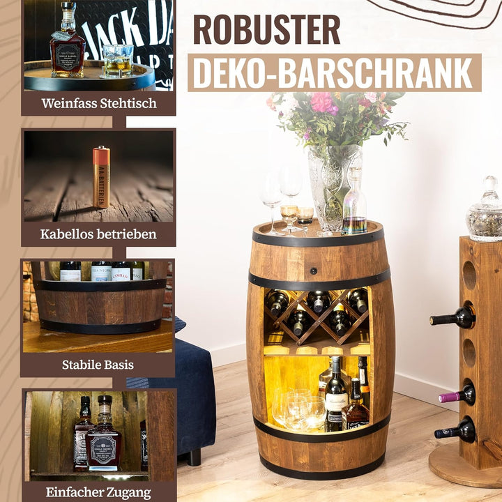 CREATIVE COOPER Fassbar mit Weinhalter und LED - Weinregal - Holzfass Hausbar 80cm - Rustikaler deko