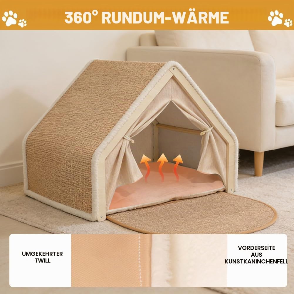 Katzenhaus mit Sisal Kratzbrett, 2-in-1 Holz Katzenzelt, Indoor Katzenhöhle für 2 Katzen, Atmungsakt