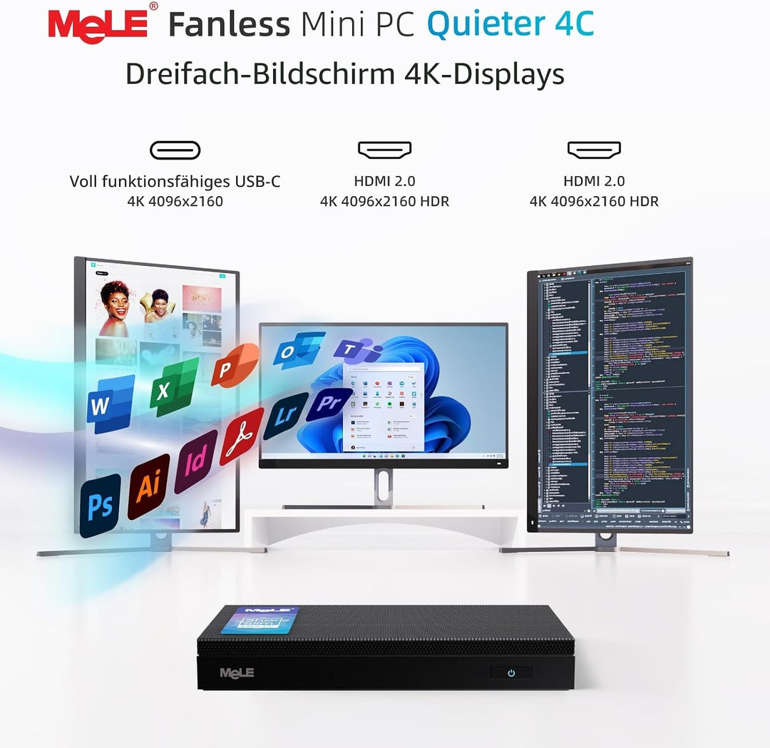 MeLE Quieter4C Lüfterloser Mini PC 8GB DDR4 128GB ROM Micro PC Twin Lake N150(bis zu 3.6GHz) USB-C 2