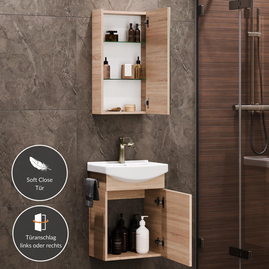 Planetmöbel Badmöbel Set aus Waschtisch + Waschbecken + Spiegelschrank, Gäste Bad WC, Farbe Sonoma E
