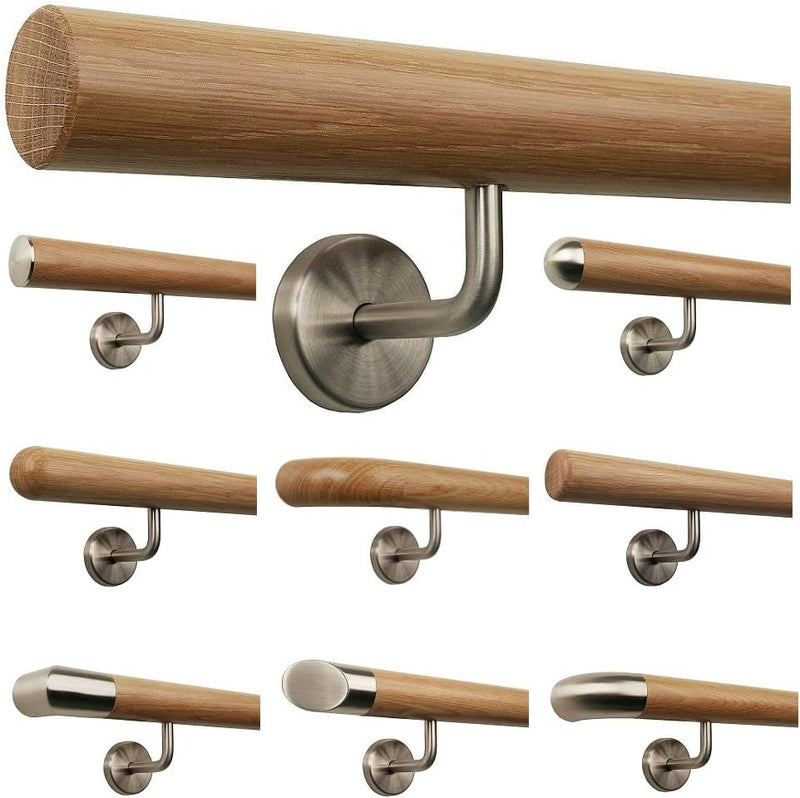 TIBU Eiche Holz Handlauf Geländer 0,3m - 6m, Länge 100 cm, Ende gefast und 2 gewinkelte Halter 100 m