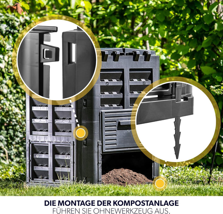 KADAX Komposter, Schwarze Kompostanlage, Schnellkomposter aus Kunststoff, witterungsbeständiger Ther