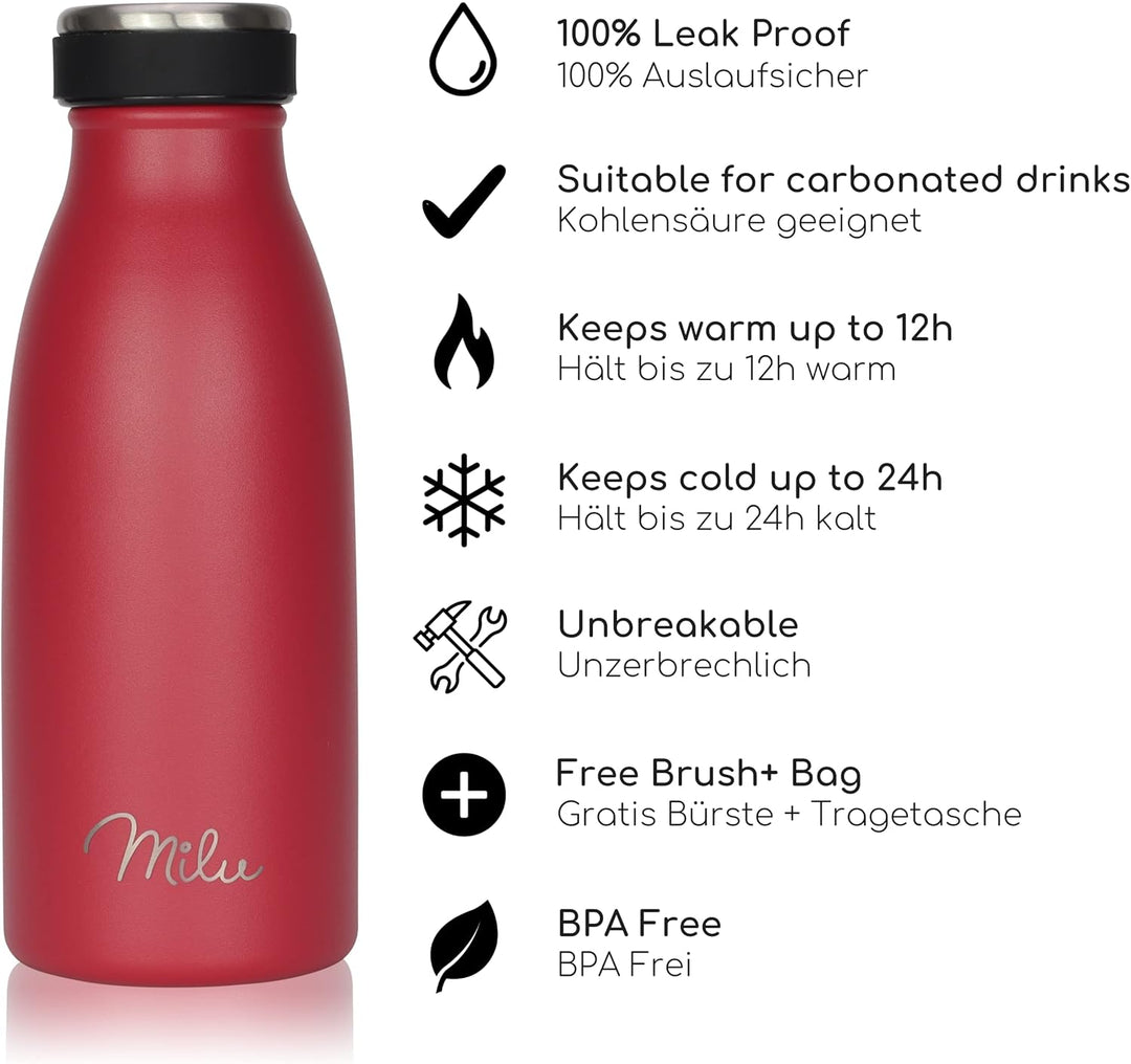 Milu Edelstahl Trinkflasche 350ml, 500ml, 750ml, 1L, 1,5L – Thermosflasche für Kinder Erwachsene aus