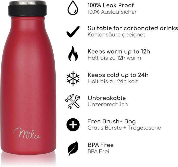 Milu Edelstahl Trinkflasche 350ml, 500ml, 750ml, 1L, 1,5L – Thermosflasche für Kinder Erwachsene aus