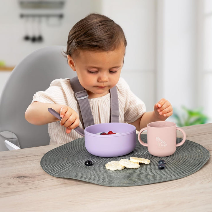 reer Silikon Geschirrset| Kinder-Geschir | 4-teilig – Teller, Schale, Becher & Löffel | lebensmittel