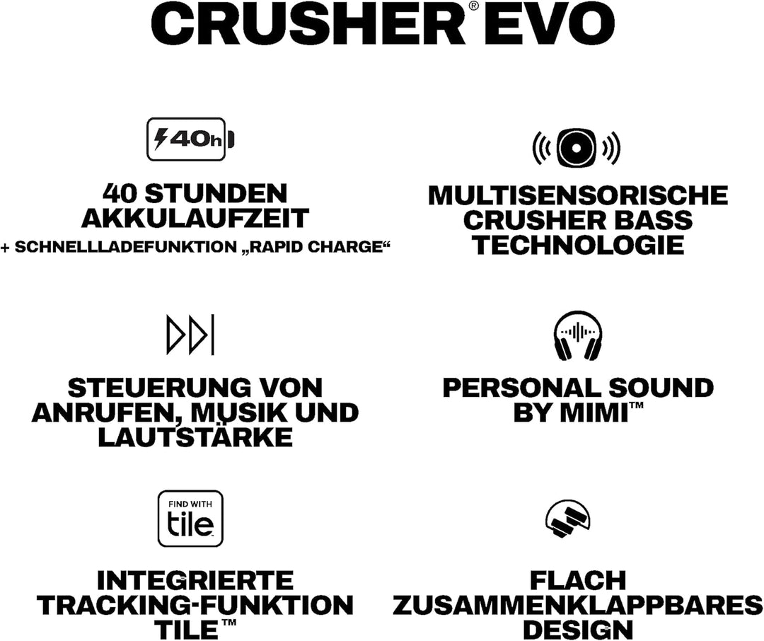 Skullcandy Crusher Evo Over-Ear Wireless-Kopfhörer mit Sensory Bass, 40 Std. Akkulaufzeit, Mikro, ko