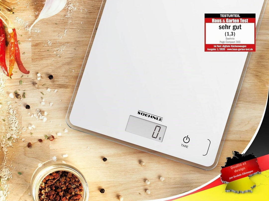 Soehnle Küchenwaage Page Compact 300 weiss, digitale Küchenwaage bis zu 5 kg Tragkraft, Waage mit le