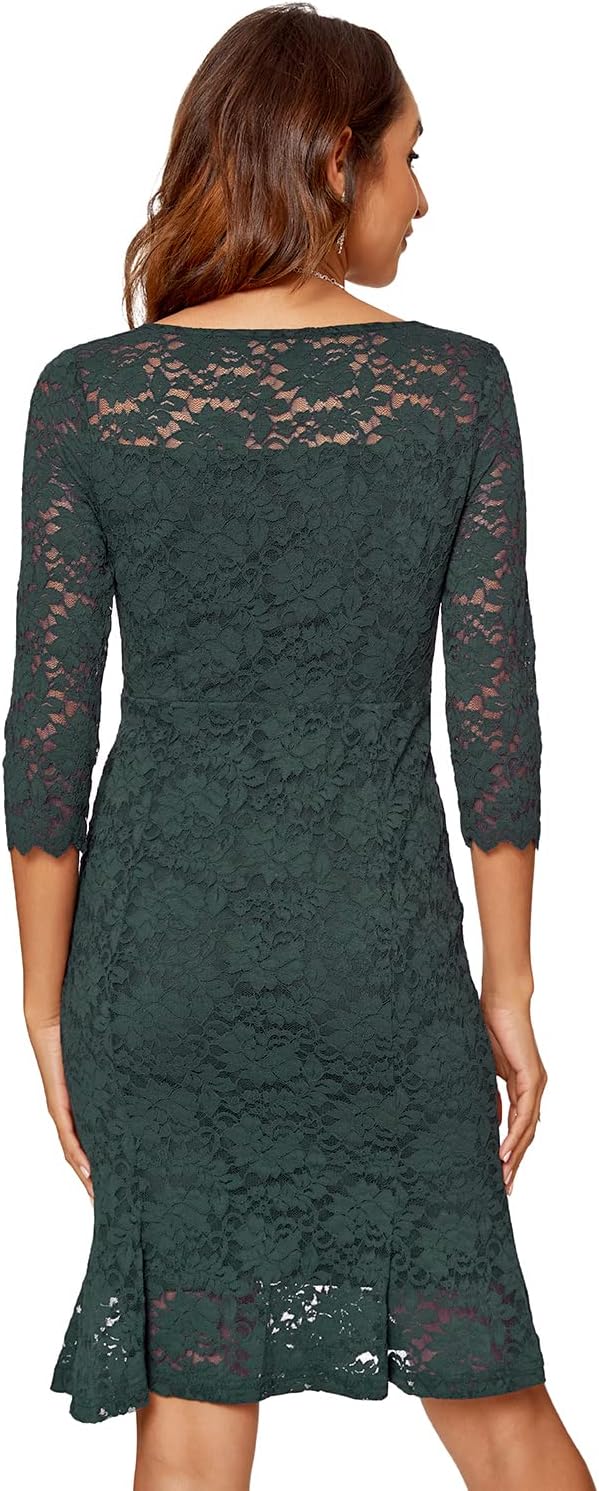 Atnlewhi Damen 3/4 Ärmel Kleid V-Ausschnitt Formeller Abend Bodycon Knielang Vintage Spitzenkleid El
