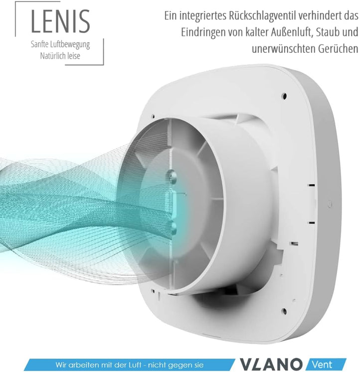 Vlano Abluftlüfter LENIS 100 Standard mit kurzem Flansch, Rückschlagventil, 100 mm, weiss, IP 45, 95
