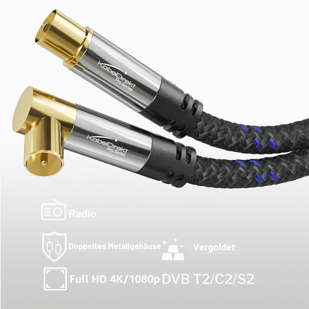 KabelDirekt – 4K Antennenkabel Nylon, TV Kabel gerade/90° gewinkelt – 7,5m – In Deutschland entwicke