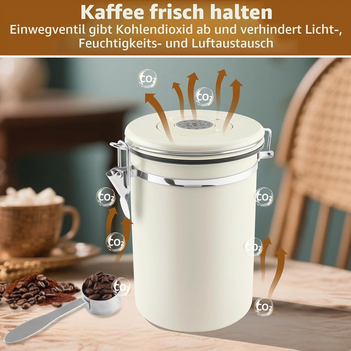 Kaffeedose Luftdicht Edelstahl 304, 1,8 L Kaffeebohnen Behälter Mit EdelstahllöFfel Und Zeiterfassun
