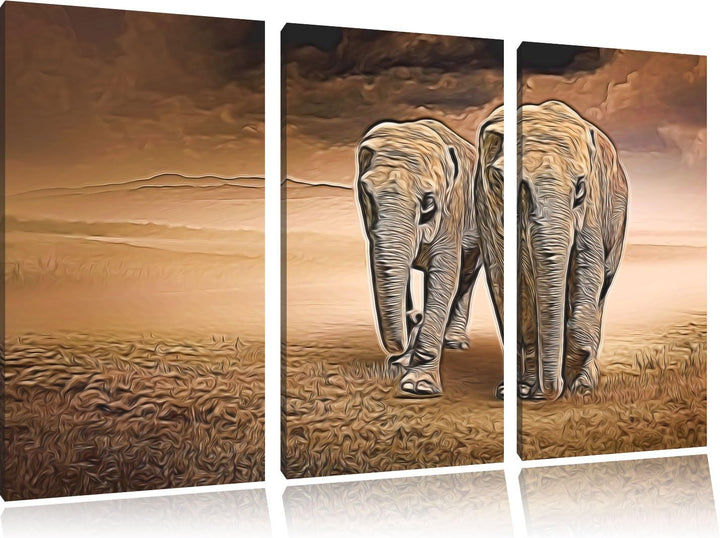 Zwei stolze Elefanten in Steppe Spezial 3-Teiler Leinwandbild 120x80 Bild auf Leinwand, XXL riesige