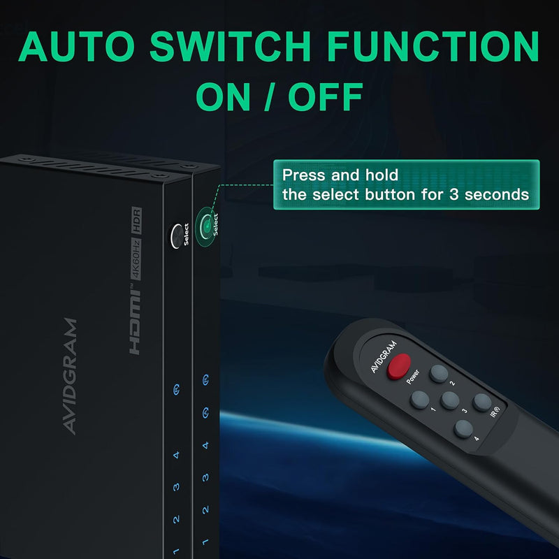 HDMI Switch 4K 60Hz, AVIDGRAM HDMI 2.0 Umschalter 4 in 1 Out, 4 Port HDMI Selector Box with IR Remot