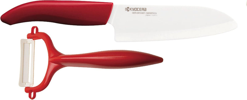 Kyocera GEN RED Cut & Peel Set Keramik Santoku Messer mit Schäler | Klinge 14 cm | ergonomischer Gri