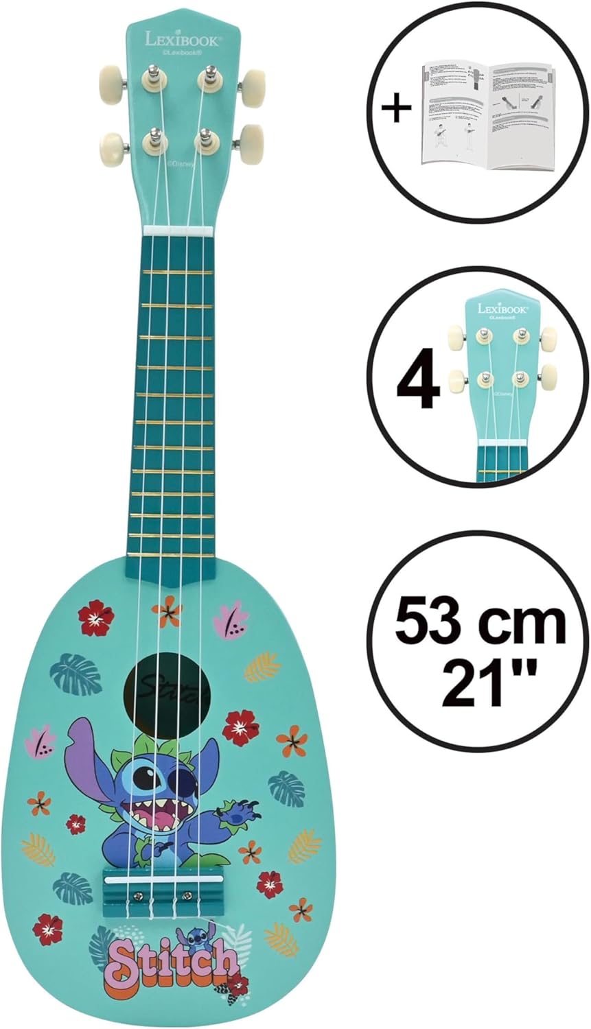 Lexibook, Disney Stitch, Meine erste Holz-Ukulele, 4 Nylonsaiten, 53 cm, inklusive Anleitung, Blau,