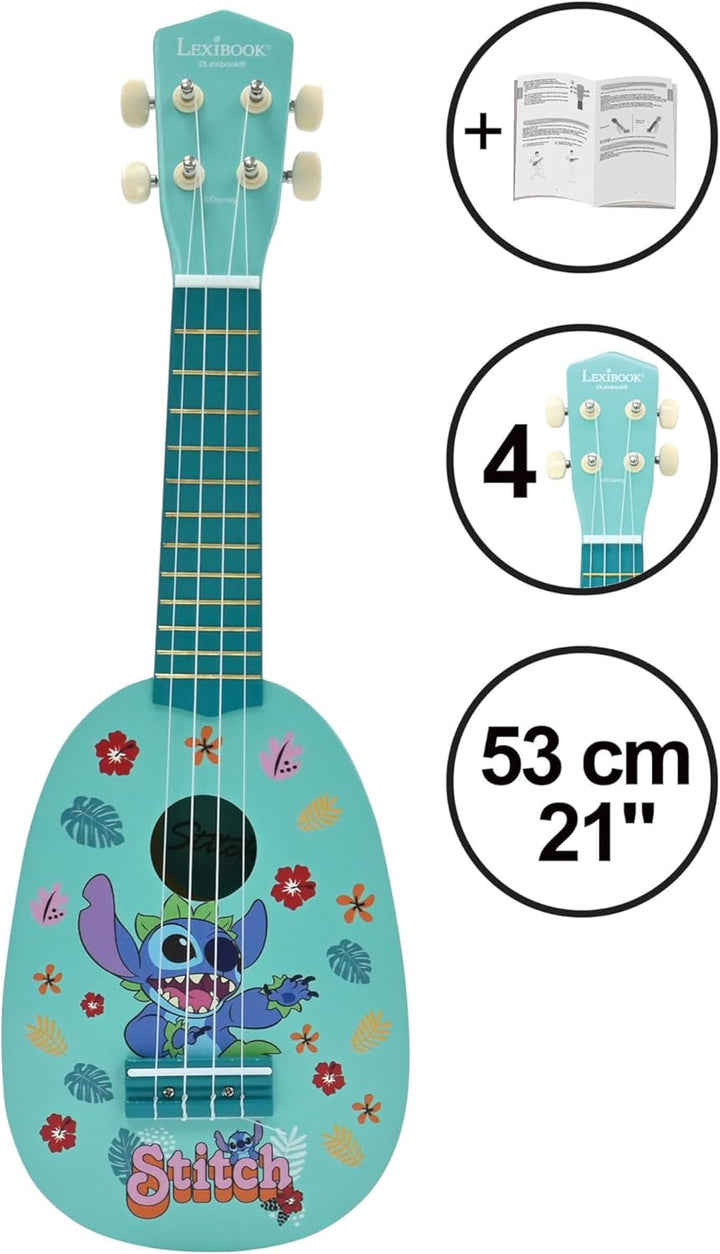 Lexibook, Disney Stitch, Meine erste Holz-Ukulele, 4 Nylonsaiten, 53 cm, inklusive Anleitung, Blau,