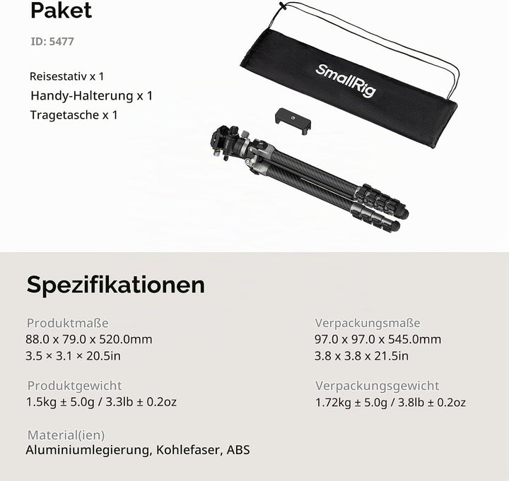 SMALLRIG 63" Tragbares Reisestativ für iPhone und Kamera, 160cm Carbonfaser-Videostativ mit Kompakte