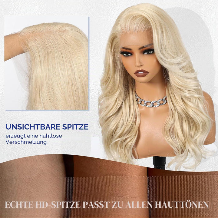 HAIRCUBE 13x6 HD Synthetische Lace-Front-Perücke, 24 Zoll Platinblond Lange Lockige Stufenperücken,