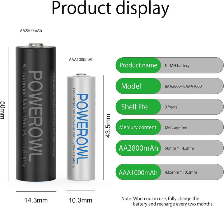 Powerowl Akku AA 2800mAh + Akku AAA 1000mah 16 Stück Hohe Kapazität 1.2v NI-Mh AA AAA Wiederaufladba