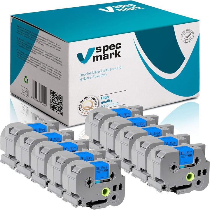 specmark Schriftband TZe-561 36mm x 8m Satz x 10 St. Schwarz auf Blau Band kompatibel mit Drucker Br