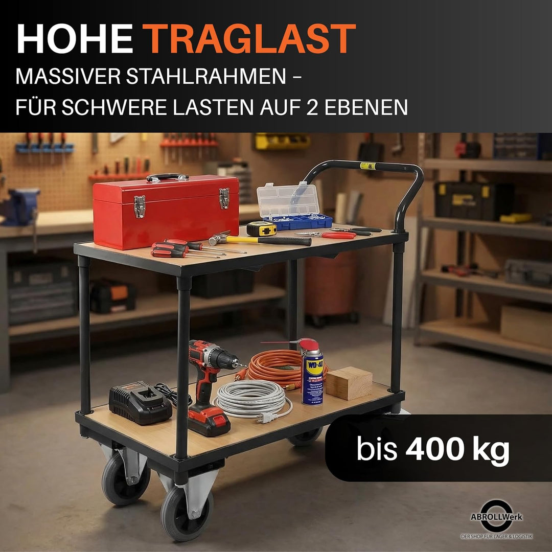 Rollwagen mit 2 Ebenen (400 kg) – Plattformwagen/Rollwagen aus Stahl, Etagenwagen mit Vollgummireife