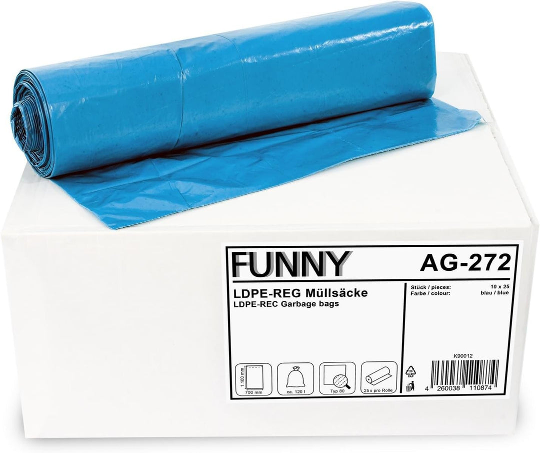 Funny AG-272 LDPE Müllsäcke, 700 x 1100 mm - Typ 80, Blau, Circa 120 L, 250