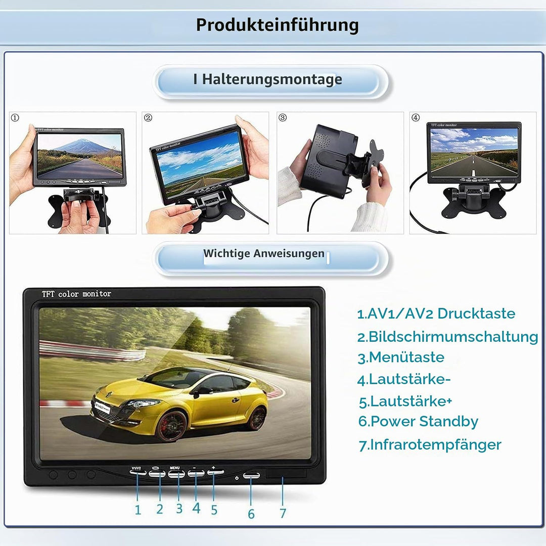 Hodozzy Rückfahrkamera Auto und 7 Zoll LCD Monitor Set, Nachtsicht Wasserdichtes Backup Kamera 12V-2