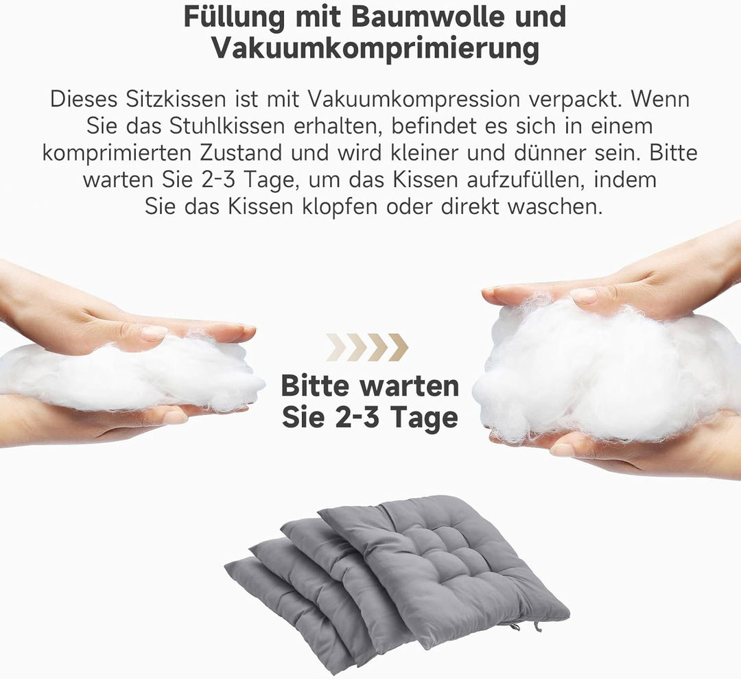4er Set Stuhlkissen mit Bändern, Bequemes Sitzkissen 40x40 cm Stuhlauflage für Bürostuhl, Gartenstuh
