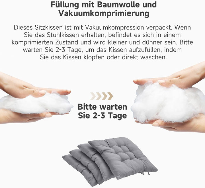4er Set Stuhlkissen mit Bändern, Bequemes Sitzkissen 40x40 cm Stuhlauflage für Bürostuhl, Gartenstuh