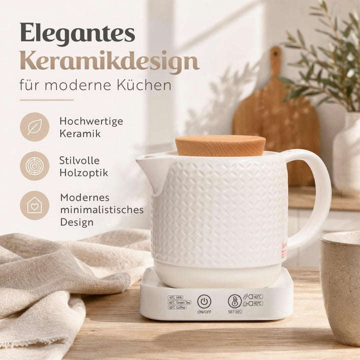 Elysium Wasserkocher Keramik 1L, elektrischer Wasserkocher mit Temperatureinstellung 40/60/90 °C, Wa