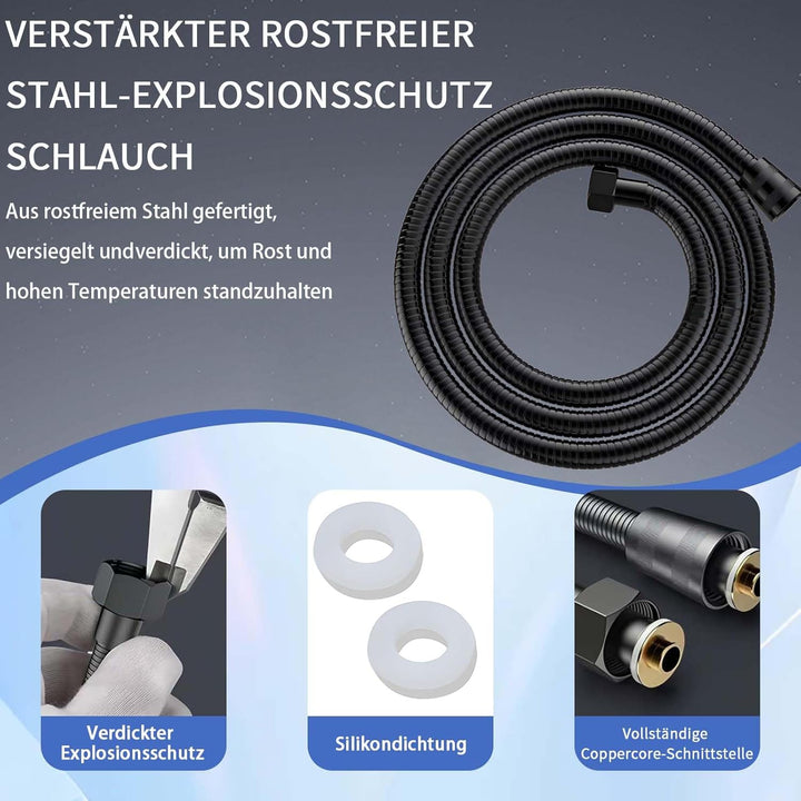 Duschkopf mit Schlauch Schwarz 1.5m – Schwarze Duschbrause mit 8 Strahlarten & Stoppfunktion Duschkö