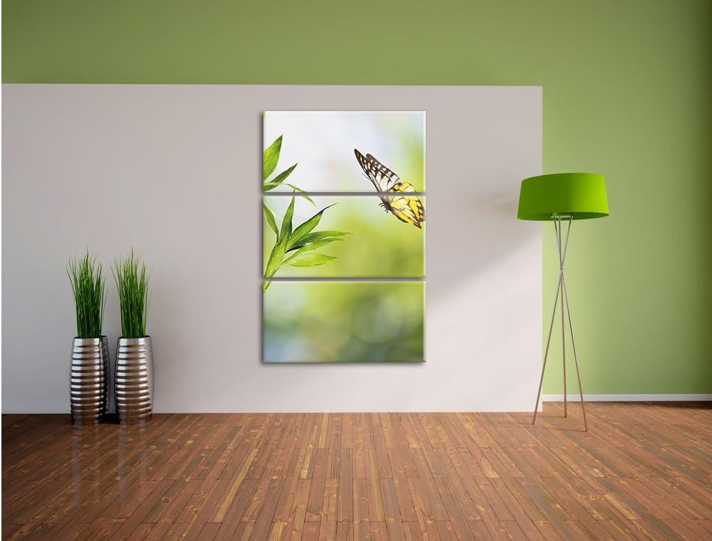 Pixxprint Bambus mit Schmetterling 3-Teiler Leinwandbild 120x80 Bild auf Leinwand