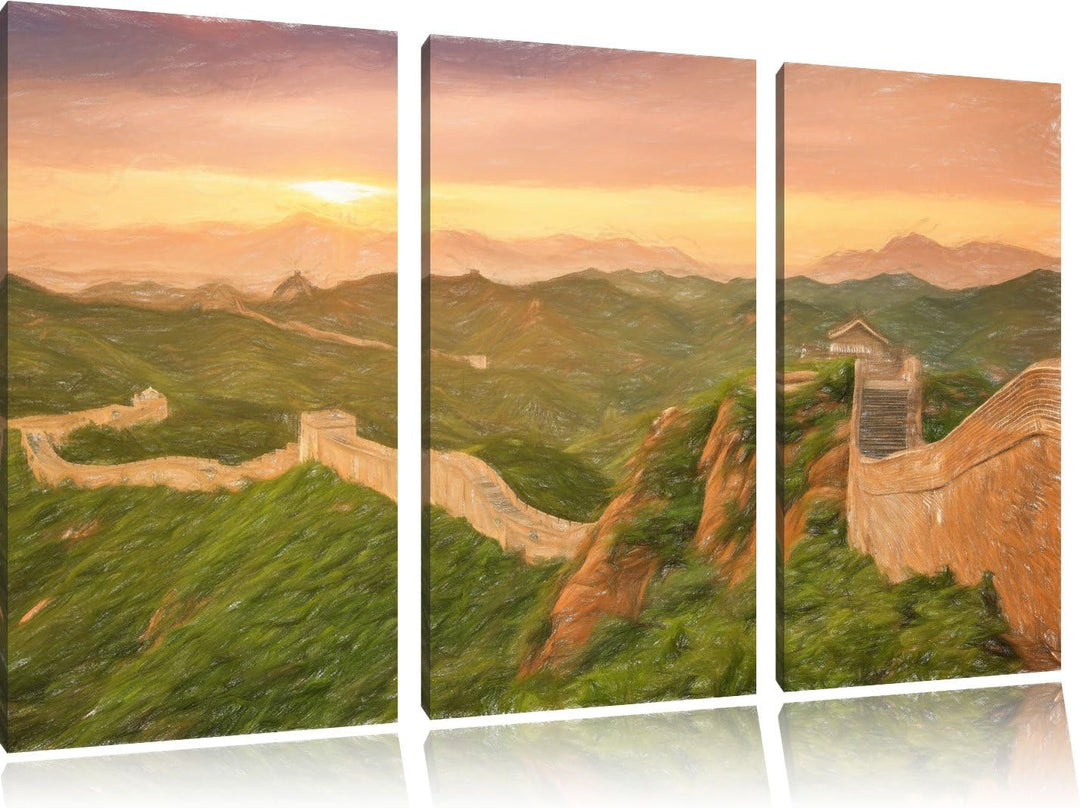 Pixxprint Chinesische Mauer / 3-Teilig/Gesamtmass 120cm Leinwandbild bespannt auf Holzrahmen/Wandbil