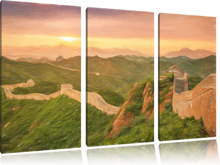 Pixxprint Chinesische Mauer / 3-Teilig/Gesamtmass 120cm Leinwandbild bespannt auf Holzrahmen/Wandbil