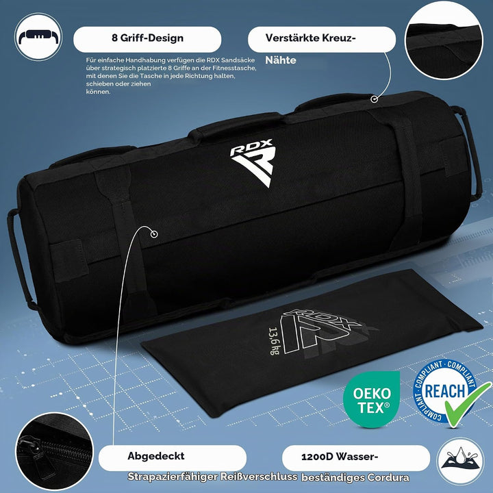 RDX Gewichtete Sporttasche für Krafttraining, Gewichtssack mit 8 Griffe, Gewicht Sandbag ungefüllten