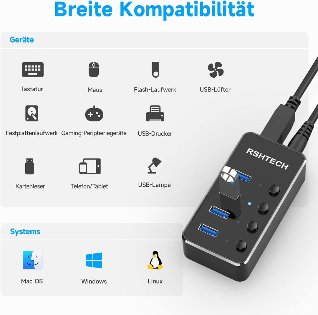 USB Hub Aktiv 3.0 mit Netzteil, RSHTECH USB 3.0 Hub mit 4 Datenports USB 3.0 Port Verteiler mit 100c